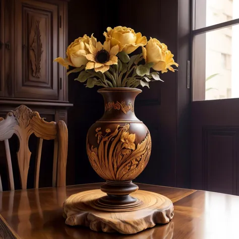 there is a vase with yellow flowers on a table in a room