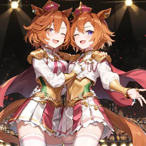 two anime girls in costumes standing next to each other