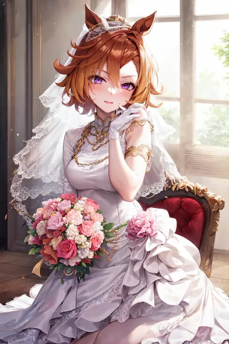 a woman in a wedding dress sitting on a chair with a bouquet