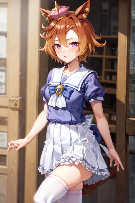 anime girl in a short dress and cat ears standing in front of a door