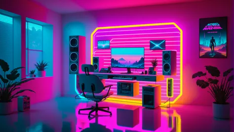 Cyberpunk themed futuristic minimalistic office interior with neon track lighting, Matrix Movie vibes, holographic, music vibes,...