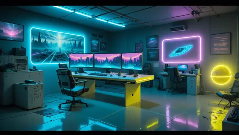 Star Trek Cyberpunk themed futuristic minimalistic Holodeck office interior with neon track lighting, Matrix Movie vibes, hologr...