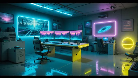 Star Trek Cyberpunk themed futuristic minimalistic Holodeck office interior with neon track lighting, Matrix Movie vibes, holographic, music vibes, soft blue gradient, small yellow ceiling lights, gradient yellow white blue theme, indoors with an aesthetic like it's the year 2499, no humans, floating chair, floating holograms, table, metal box, scenery, floating holo desk, mesh neon ball, white halo lamp, wireless, futuristic computer, blade runner hologram, keyboard , floating transparent screen, masterpiece, official art, best quality , volumetric lighting, studio lighting, absurdres, extremely detailed, ultra sharp, 32k UHD, award winning desktop wallpaper, rembrandt lighting, LUT like a movie, rule of thirds, post apocalyptic, Hyperdetailed Photography, Landscape Photography, wide shot, Movie Still, Cinematic, wallpaper fusion, Wave Art Style, holo-punk style, 