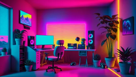 futuristic office interior with neon track lighting, Matrix Movie vibes, holographic, music vibes, synthwave gradient pink yellow and blue theme with 1980s neon, indoors with an aesthetic like it's the year 2499, gamer's bedroom, book, gradient themes background, no humans, chair, phone, table, plant, box, scenery, desk, ball, paper, lamp, computer, monitor, laptop, book stack, keyboard , (computer), flower pot, mouse , (computer), screen, masterpiece, official art, best quality , volumetric lighting, studio lighting, absurdres, extremely detailed, 32k UHD, award winning desktop wallpaper rule of thirds, post apocalyptic, Hyperdetailed Photography, Landscape Photography, wide shot, Movie Still, Cinematic, wallpaper fusion, Wave Art Style, holo-punk style, <lora:WallpaperFusionXL:0.2>, <lora:WaveArtXL:0.5>, <lora:HoloPunkXL:0.4>