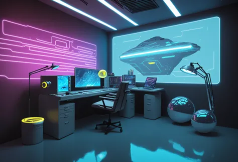 Star Trek Cyberpunk themed futuristic minimalistic Holodeck office interior with neon track lighting, holographic music vibes, soft blue gradient, small yellow ceiling lights, yellow and blue theme, floating chair, floating holograms, floating military metal box, scenery, floating holo desk, mesh neon ball, futuristic metal floating white halo lamp, futuristic transparent holographic computer, blade runner hologram, floating transparent screen, studio lightingwide shot, Wave Art Style, holo-punk style, <lora:WaveArtXL:0.5>, <lora:HoloPunkXL:0.4>