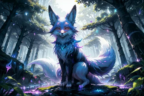 (masterpiece:1.2),best quality,extremely detailed,absurdres,highres,ultra detailed,((1fox:1.5)),(white kitsune:1.3),((nine-tailed_fox:1.6)),many tails,(mystical creature,majestic,divine,magical,intricate,elegant:1.1),glowing eyes,night,forest,fantasy,fluffy,animal:1.4,deep magical forest at night,fireflies,mystical,asian style,wilderness,old trees,shrine,mountsins,low angle,runes,glow,mysterious lights, (animal_focus:1.4),DruidMagicAI,forest,dark,japanese style, vibrant, blue fire, flame-tipped tail,  spirits, hitodama,  kitsune, magic,  Niji Pride, GlowingRunes_paleblue,GlowingRunes_purple,emotionless,