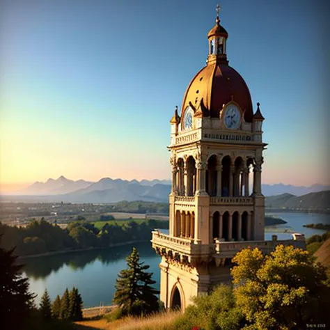 arafed view of a clock tower with a lake in the background