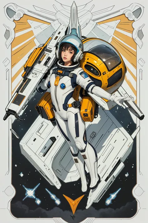 (masterpiece, top quality, best quality, official art, beautiful and aesthetic),1 girl in pilotsuit in a retro spacecraft,(full body),symmetry,backpack rocket,hovering in air,lunar,helmet,gloves,boots,cutout bodysuit,spaceship in space,dark white,light azure,yellow,<lora:Clothing -:0.7>,<lora:animetarotV51:1>,tarot,<lora:spacecraft-000002:0.9>,