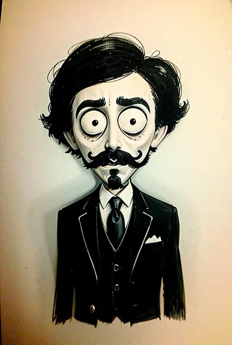 burtonesque drawing of an evil man with mustache. He has big eyes and he is looking at the viewer. He is wearing a suit. White b...