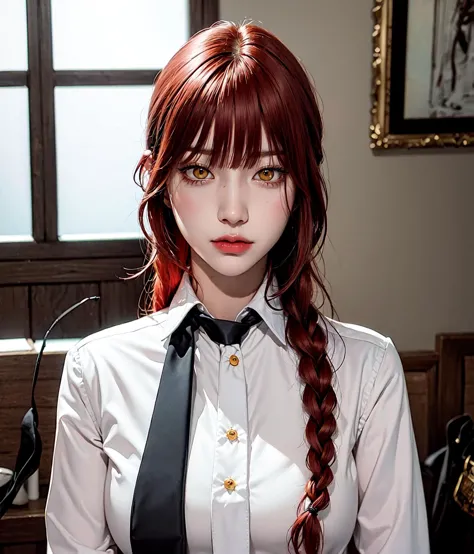 there is a woman with long red hair wearing a white shirt and black tie