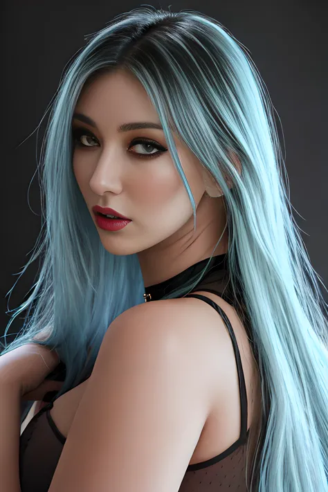 a close up of a woman with blue hair and a black top