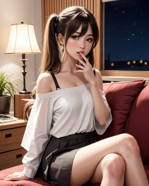 realistic, photorealistic, 1girl, long hair, brown hair, messy hair, low twintails, small breasts, (oversized shirt), t-shirt, off shoulder, bra strap, pleated skirt, sitting, indoors, sofa, crossed legs, open hand, (covering mouth:1.2), looking at viewer, ((night))