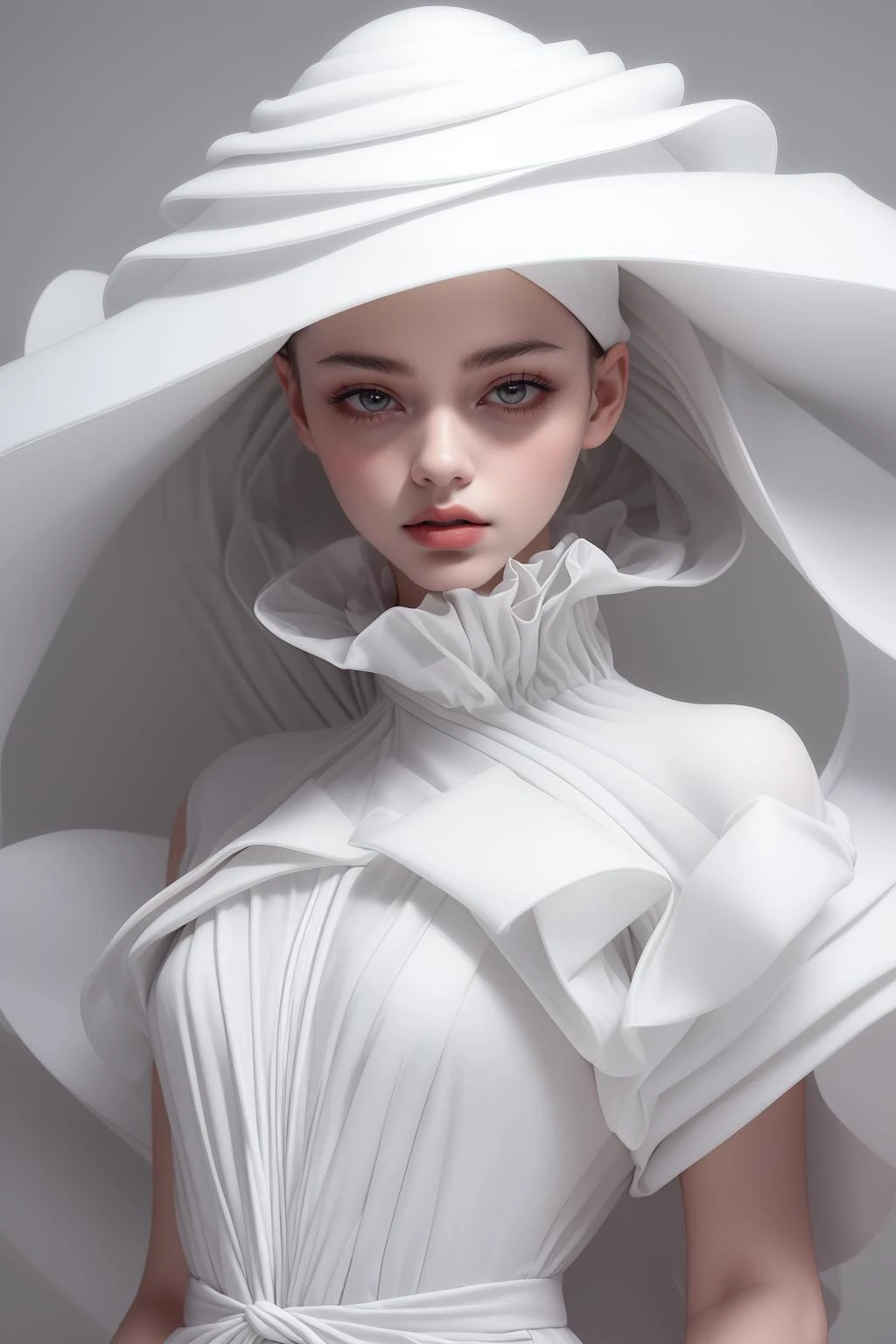 (masterpiece, top quality, best quality, official art, beautiful and aesthetic),solo,1girl,dark white dress,white bodysuit,white hair,(upper body:1.4),frills,standing,hood,hat,abstract dark gray backdrop,bangs,legs,white stocking,high wheel shoes,small breasts,a model wearing haute couture monochrome overall in (issey miyake) style,by rinko kawauchi,zen-inspired masterpiece portrait,(detailed fiber texture),pleats,deconstruction,layers,editorial photo,