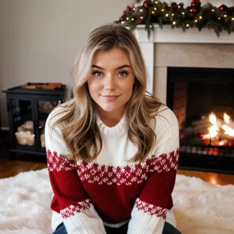 a woman sitting on a rug in front of a fireplace