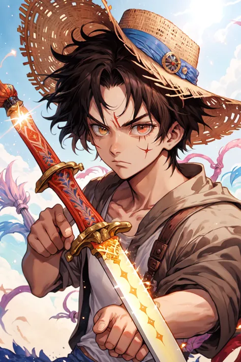 a close up of a person holding a sword in a field