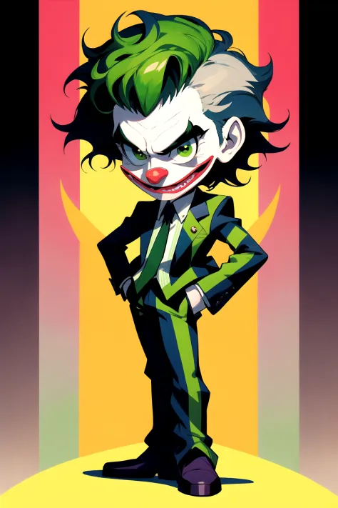 eine als Joker verkleidete Zeichentrickfigur, im Stil gestreifter Arrangements, Punkrock-Ästhetik, Toonami, Beichtstuhl, Mama ist am Telefon, Silber und Grün, mcdonaldpunk, niedrigerer Stil, 