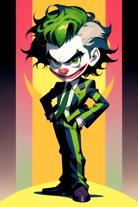 un personnage de dessin animé déguisé en joker, dans le style des arrangements rayés, Esthétique punk rock, toonami, confessionnal, Le téléphone de maman, argent et vert, mcdonaldpunk, style inférieur, 