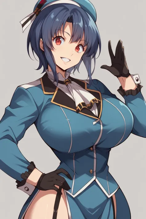 score_9, score_8_up, score_7_up, BREAK anime 1girl,simple background,  ,<lora:takao:0.7> takaoKC,short hair, large breasts, gloves, long sleeves, hat, jacket, uniform, ascot, military uniform, beret, blue jacket, blue headwear,blue skirt, garter straps,thighhighs,upper body, smile,  <lora:Kloah-Style-PonyXL-Dora-v1.2:1>,hand on hip, doyagao,  narrow waist, wide hips