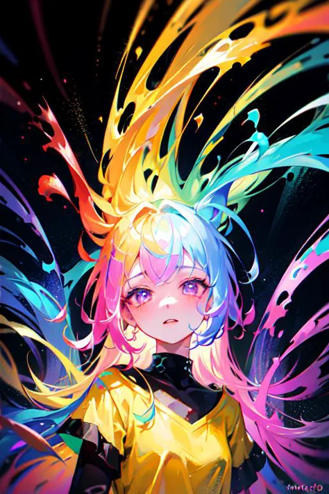 rainbow paint, a girl made entirely out of rainbow paint, entirely paint, 1girl, all rainbow paint, hdr, (intricate details, hyperdetailed:1.15), gorgeous lighting, rainbow, paint splatter, splashes, very rainbow, very colorful, neon, paint drops, rainbow paint background, colorful background