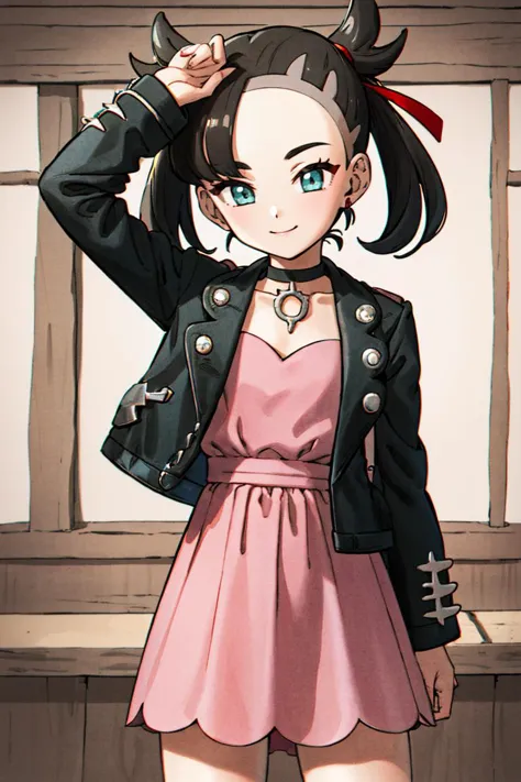 ((masterpiece,best quality)), absurdres, hmmarnie, aqua eyes, black choker, red ribbon, pink dress, jewelry, black jacket, open clothes, long sleeves,  solo, smiling, looking at viewer, cowboy shot, cinematic composition, contrapposto,