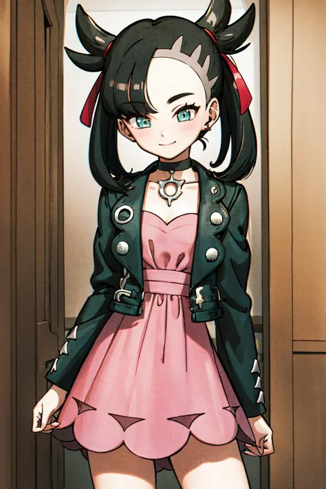 ((masterpiece,best quality)), absurdres, hmmarnie, aqua eyes, black choker, red ribbon, pink dress, jewelry, black jacket, open clothes, long sleeves,  solo, smiling, blushing, looking at viewer, cowboy shot, cinematic composition, contrapposto,