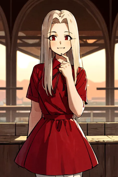 ((masterpiece,best quality)), absurdres, Irisviel_von_Einzbern, red shirt, white skirt, solo, smiling, looking at viewer, cowboy shot, cinematic composition,