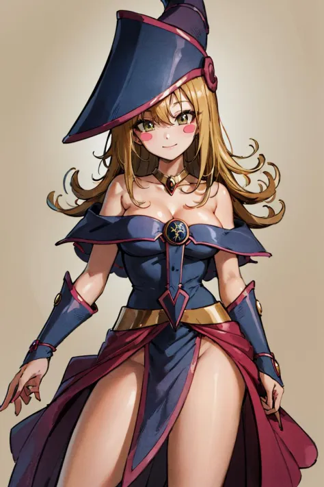 <lora:Toriyama_Akira_Style:0.8>, ((masterpiece,best quality)), absurdres, <lora:dark_magician_girl_v1:0.7>, hmdmg1, wizard hat, blush, blush stickers, cleavage, bare shoulders, dress, off shoulder, solo, smiling, looking at viewer, cowboy shot, cinematic c...