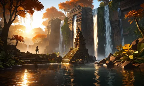 trending on artstation, 4k, masterpiece, of Amidst the mystery of the Amazon, Lara Croft Autumn Vibe, mature, camp an Aztec tomb, adorned with gold, under cascading waterfall, meticulous attention to details, Serene lake reflecting a fiery sunset, Vertical overhead, <lora:lara_croft_xl_v2:0.5><lora:Anime Style 2 SDXL_LoRA_Pony Diffusion V6 XL:1>