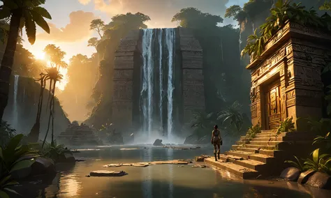 a man standing in front of a waterfall in the jungle