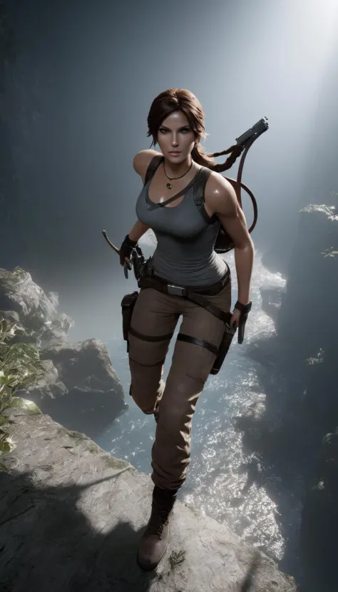professional 3d model Cinematic scene, hero view, Lara Croft <lora:lara_croft_xl_v2:1>, action pose, detailed background, masterpiece, best quality, high quality, highres, absurdres . octane render, highly detailed, volumetric, dramatic lighting