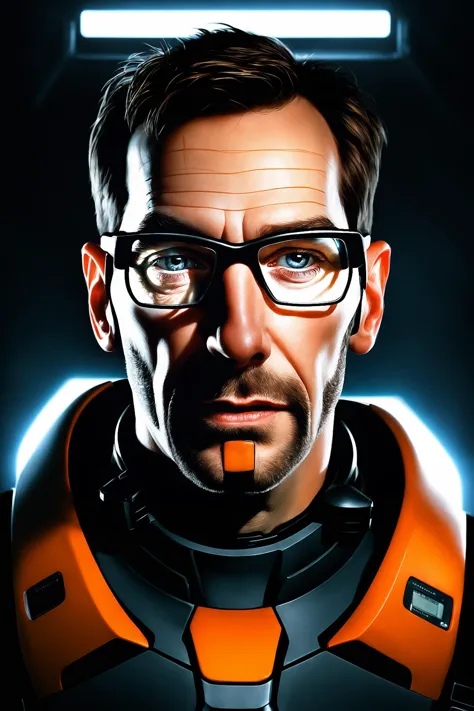 Portrait Shot, Photo of Half-Life Gordon Freeman, (photorealistic, photorealism, photo, real life, extra detail:1.2), in a dark ...