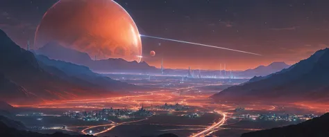 a view of a city with a large red planet in the distance