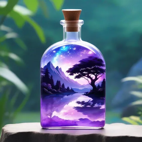 anime, beautiful scenery nature glass bottle landscape, , purple galaxy bottle,