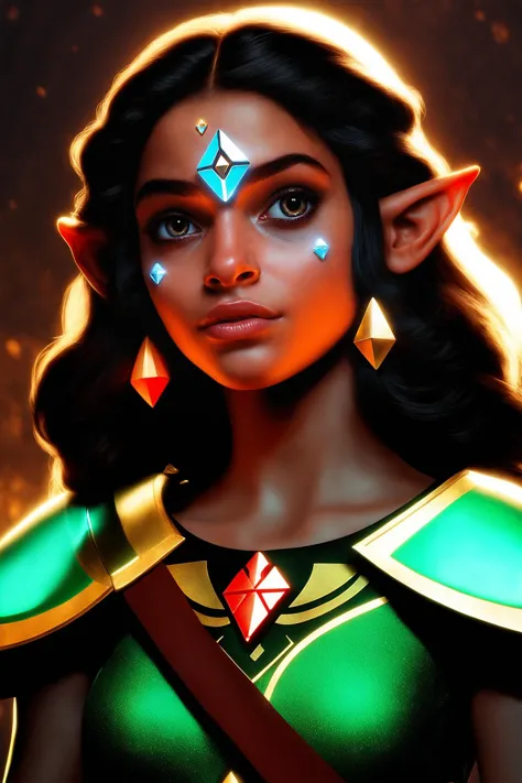 Portrait Shot, Photo of beautiful (dark skinned:1.2) Princess Zelda, (solemn expression:1.3), tri-force emblem, (realistic hair,...