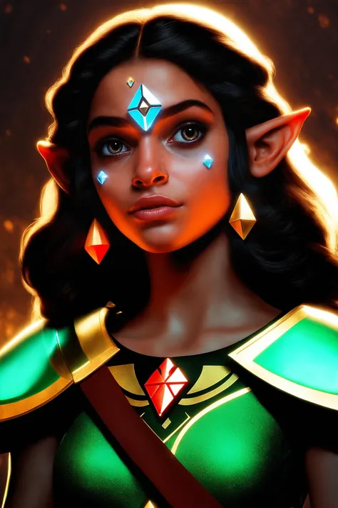 Portrait Shot, Photo of beautiful (dark skinned:1.2) Princess Zelda, (solemn expression:1.3), tri-force emblem, (realistic hair, real hair, perfect hair, photorealistic, photorealism, photo, real life, extra detail:1.2), in a dark illuminated atmosphere, face by Ilya Kuvshinov