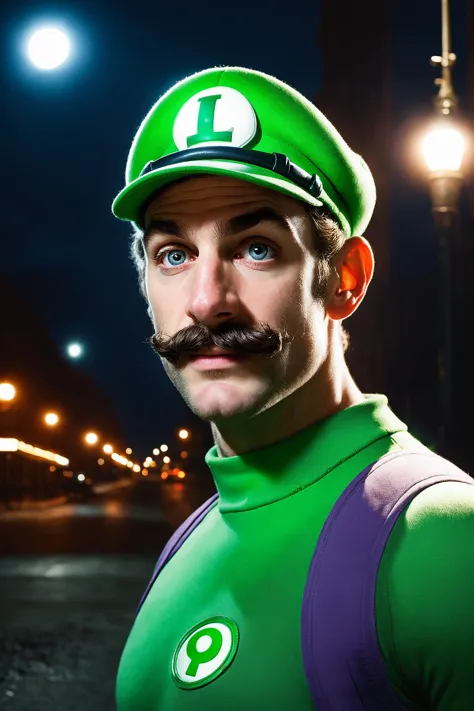 Portrait Shot, Photo of Super Luigi, (photorealistic, photorealism, photo, real life, extra detail:1.2), in a dark illuminated a...