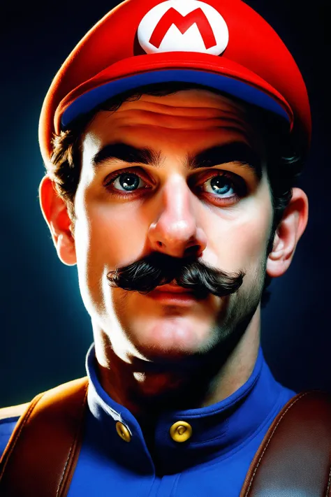 Portrait Shot, Photo of Super Mario, (photorealistic, photorealism, photo, real life, extra detail:1.2), in a dark illuminated a...