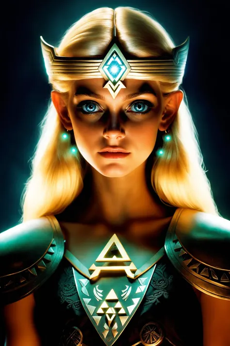 Portrait Shot, Photo of beautiful (dark skinned:1.2) Princess Zelda, (solemn expression:1.3), tri-force emblem, (realistic blond...