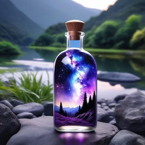 there is a bottle with a picture of a mountain and a lake inside