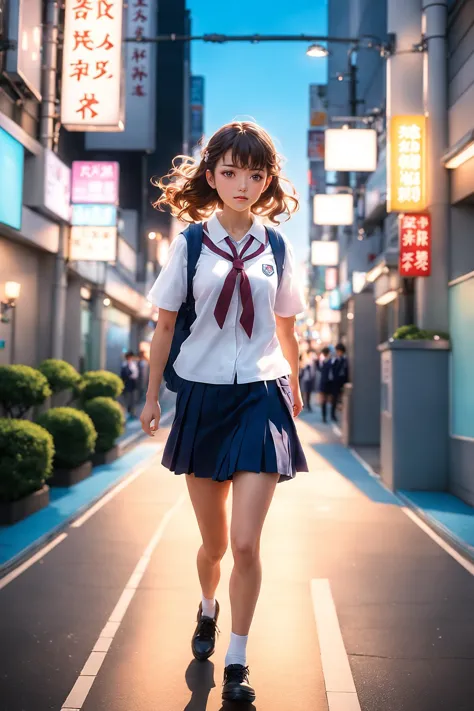 Anime portrait, 1girl, school uniform, dynamic lighting, walking on sidewalk, busy street, tokyo, pastel sky