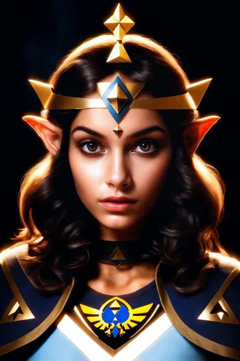 Portrait Shot, Photo of beautiful (dark skinned:1.2) Princess Zelda, (solemn expression:1.3), tri-force emblem, (realistic hair,...