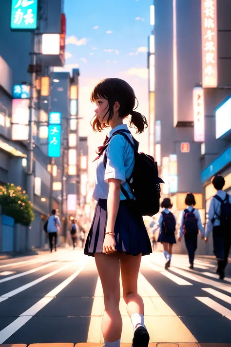 Anime portrait, 1girl, school uniform, dynamic lighting, walking on sidewalk, busy street, tokyo, pastel sky