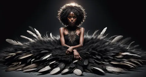 Masterpiece best quality, upper body dramatic pose Photograph of a beautiful eerie (black skinned african) girl with (hair made ...