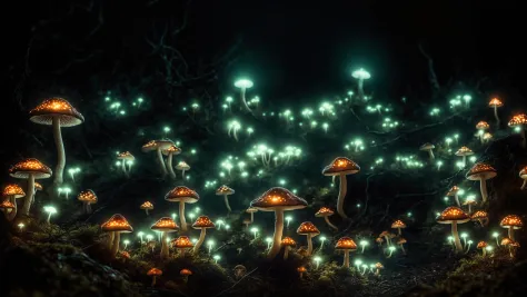 Dark eerie landscape full of (magical glowing bio-luminescent:1.25) mushrooms, toadstool, fungus 

highly detailed, high frequen...