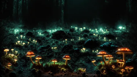 Dark eerie landscape full of (magical glowing bio-luminescent:1.25) mushrooms, toadstool, fungus 

highly detailed, high frequen...