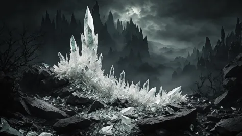 Dark eerie landscape full of magnificent <(white:1.2)|(__color__:0.25)> quartz crystal shards, masterpiece best quality, award w...