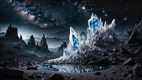 Dark eerie landscape full of magnificent <(white:1.2)|(__color__:0.25)> quartz crystal shards, masterpiece best quality, award winning, artstation, night sky, starry, milky way

highly detailed, high frequency, high pass, photo, realism