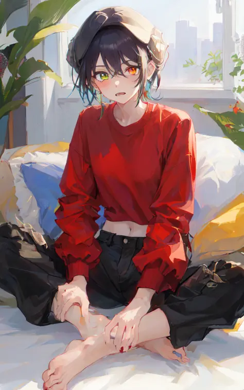 masterpiece,best quality,1girl,solo,looking at viewer, heterochromia, (red shirt:1.4), pants,barefoot,