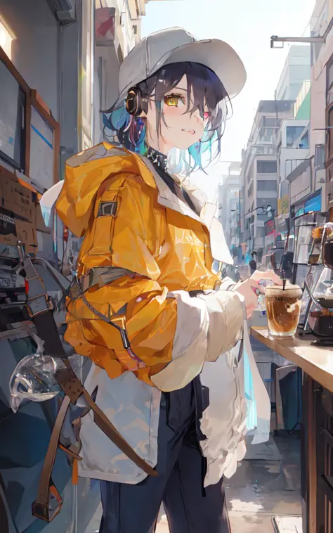 masterpiece,best quality,1girl,solo,looking at viewer, cowboy shot,(cafe), heterochromia, earphones,