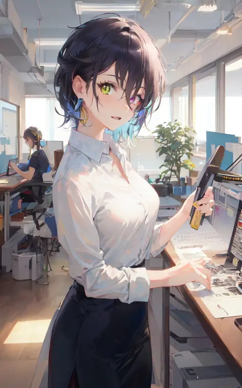 masterpiece,best quality,1girl,solo,looking at viewer, heterochromia,(office lady:1.4)